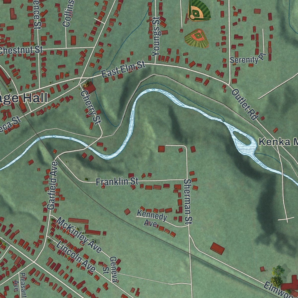 Second close-up of the map of Penn Yan, New York print showing more streets and buildings