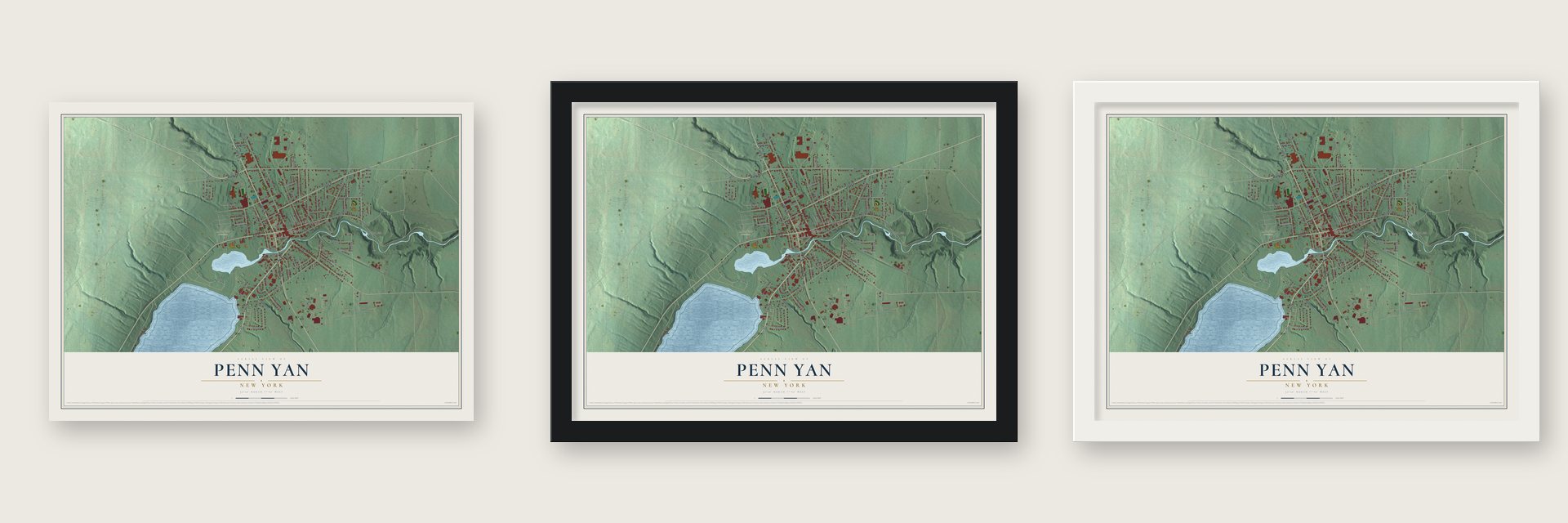 Penn Yan, New York map unframed, in a black wood frame and in a white wood frame