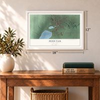 Penn Yan, New York map, 12 x 18 inch print in a white frame in an entryway