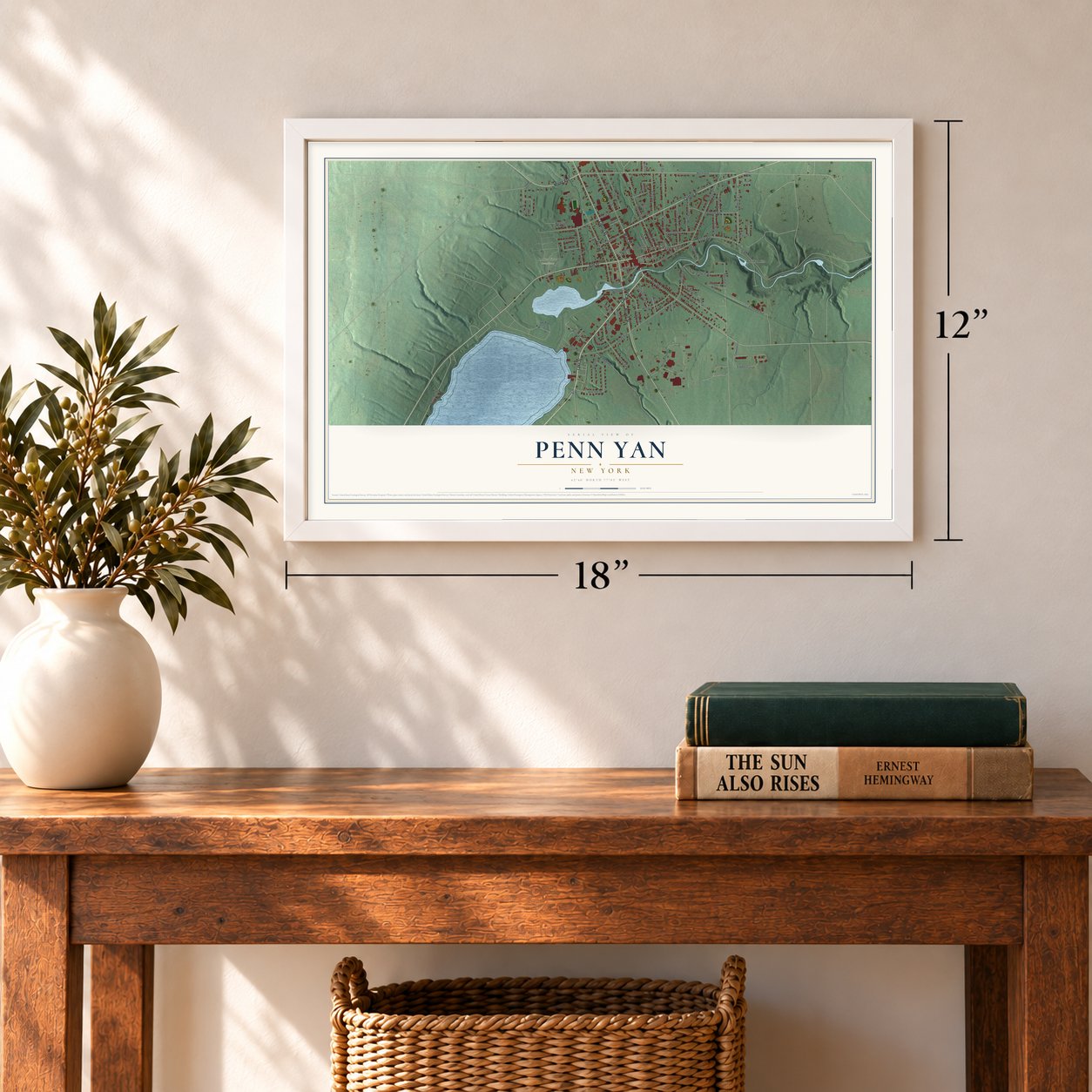 Penn Yan, New York map, 12 x 18 inch print in a white frame in an entryway