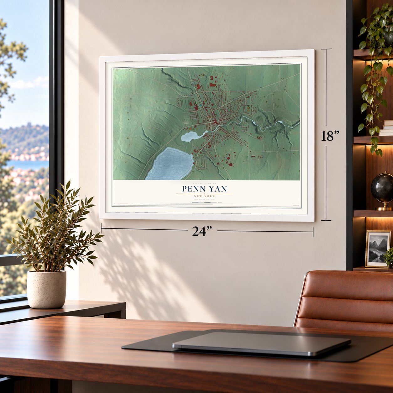 Penn Yan, New York map, 18 x 24 inch print in a white frame in a home office