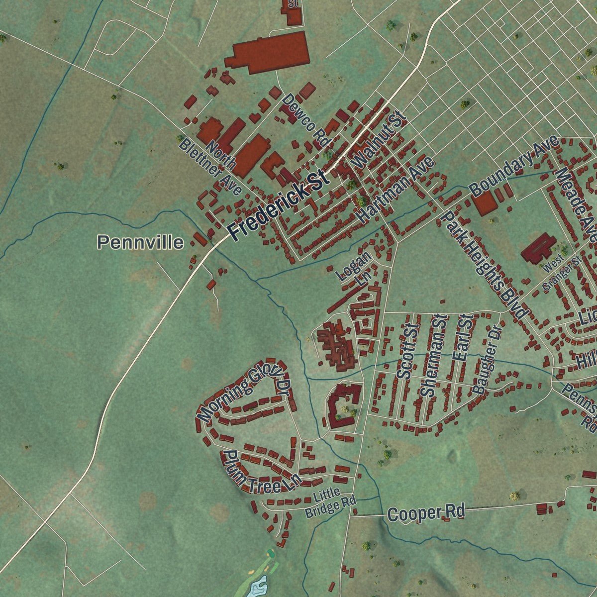 Second close-up of the map of Penn, York County, Pennsylvania print showing more streets and buildings