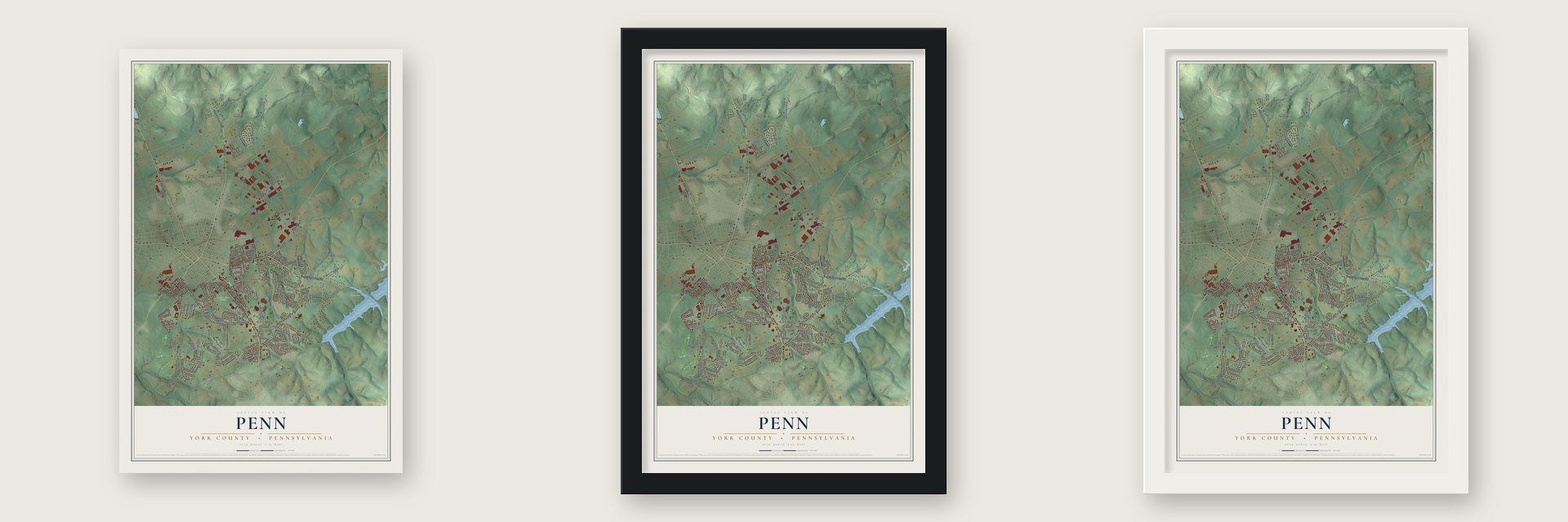 Penn, York County, Pennsylvania map unframed, in a black wood frame and in a white wood frame