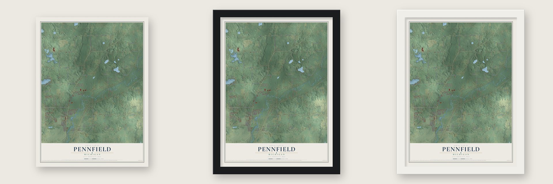 Pennfield, Michigan map unframed, in a black wood frame and in a white wood frame
