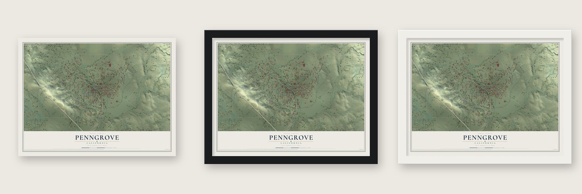 Penngrove, California map unframed, in a black wood frame and in a white wood frame