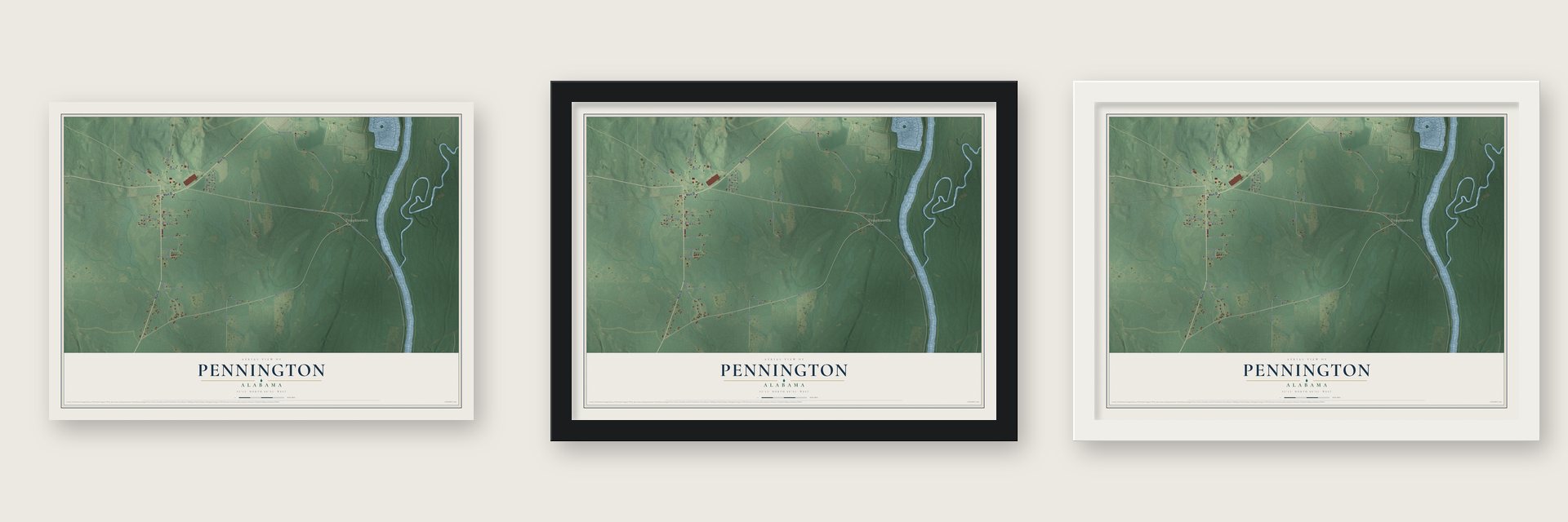 Pennington, Alabama map unframed, in a black wood frame and in a white wood frame