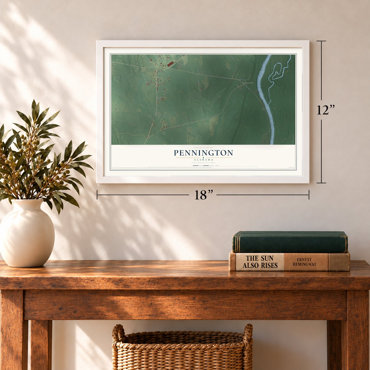 Pennington, Alabama map, 12 x 18 inch print in a white frame in an entryway
