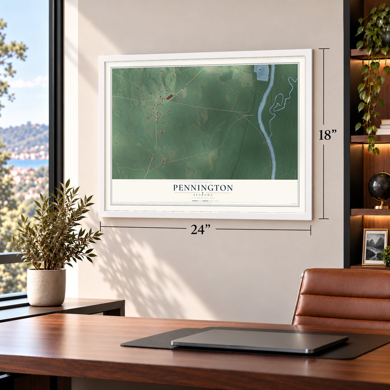 Pennington, Alabama map, 18 x 24 inch print in a white frame in a home office