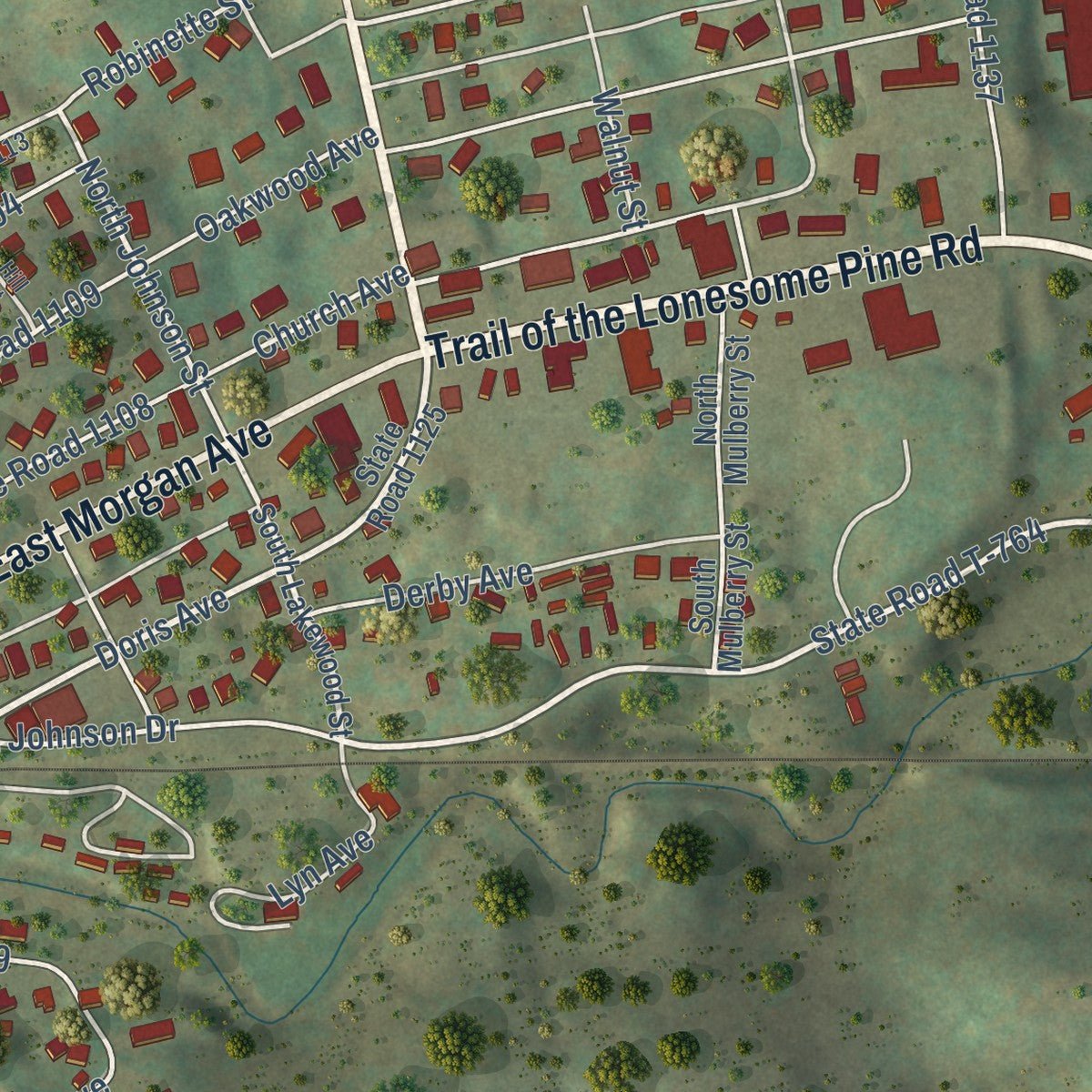 Second close-up of the map of Pennington Gap, Virginia print showing more streets and buildings
