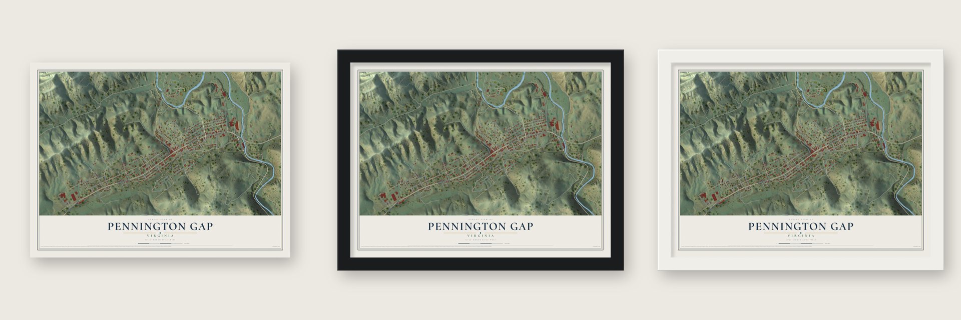 Pennington Gap, Virginia map unframed, in a black wood frame and in a white wood frame