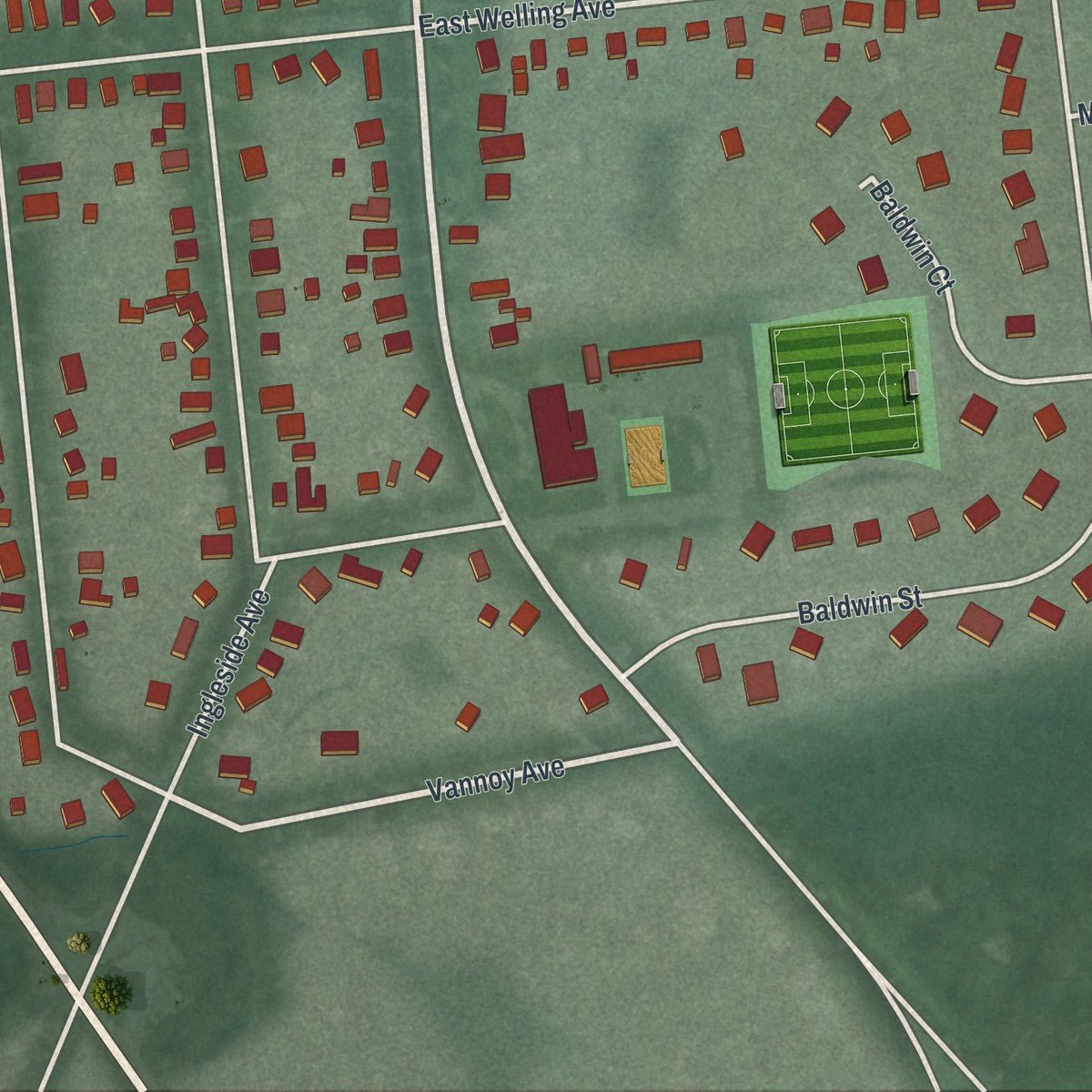 Second close-up of the map of Pennington, New Jersey print showing more streets and buildings