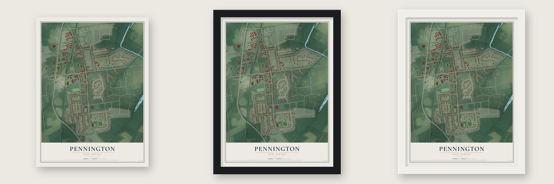 Pennington, New Jersey map unframed, in a black wood frame and in a white wood frame