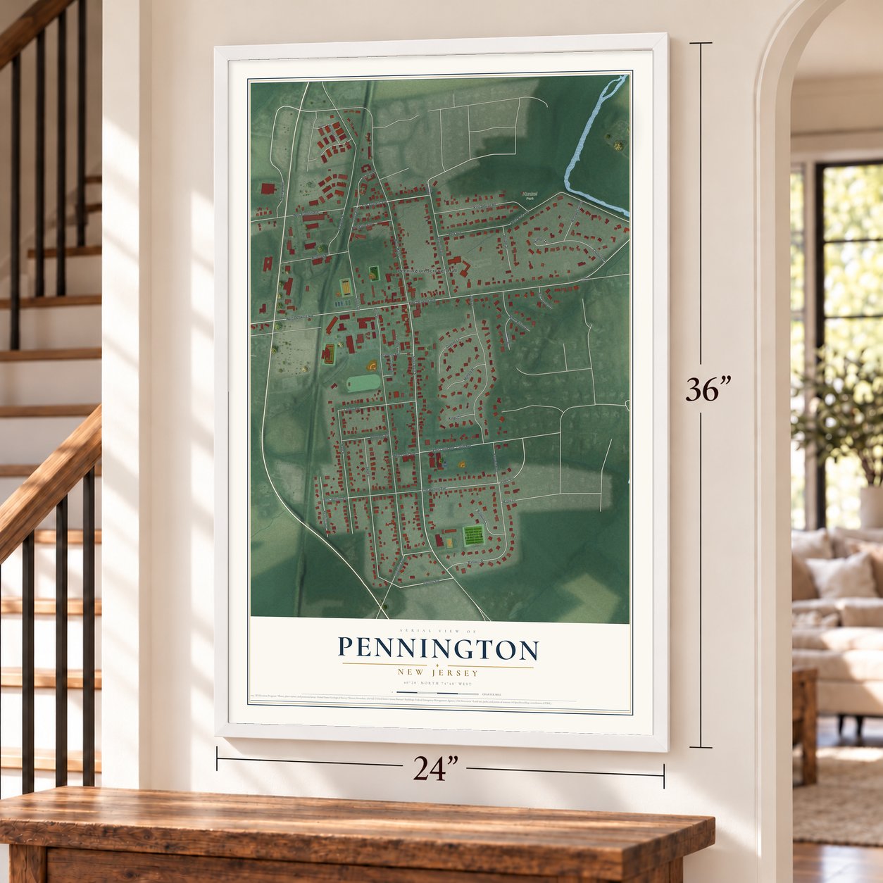 Pennington, New Jersey map, 24 x 36 inch print in a white frame by a staircase