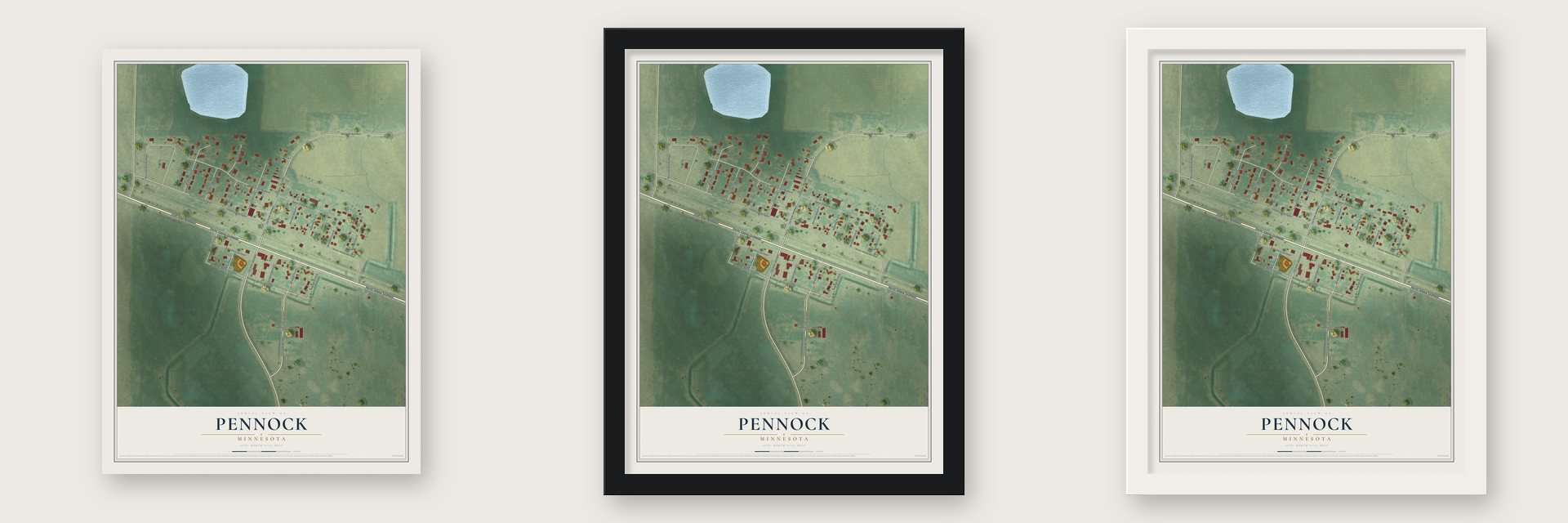 Pennock, Minnesota map unframed, in a black wood frame and in a white wood frame
