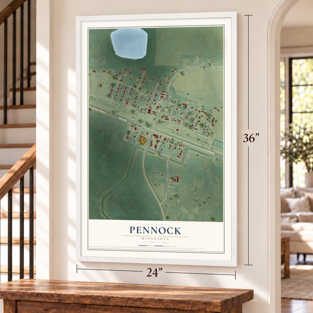 Pennock, Minnesota map, 24 x 36 inch print in a white frame by a staircase