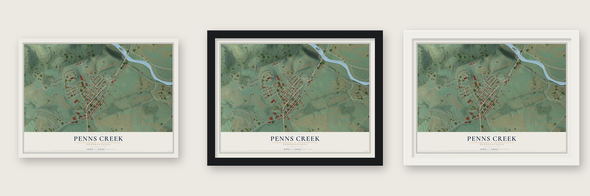 Penns Creek, Pennsylvania map unframed, in a black wood frame and in a white wood frame