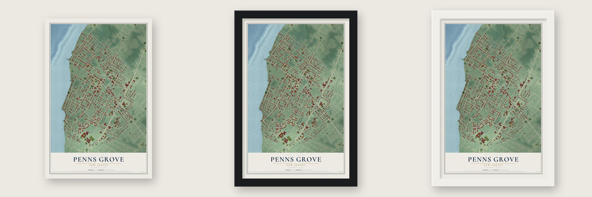 Penns Grove, New Jersey map unframed, in a black wood frame and in a white wood frame