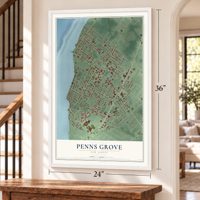 Penns Grove, New Jersey map, 24 x 36 inch print in a white frame by a staircase