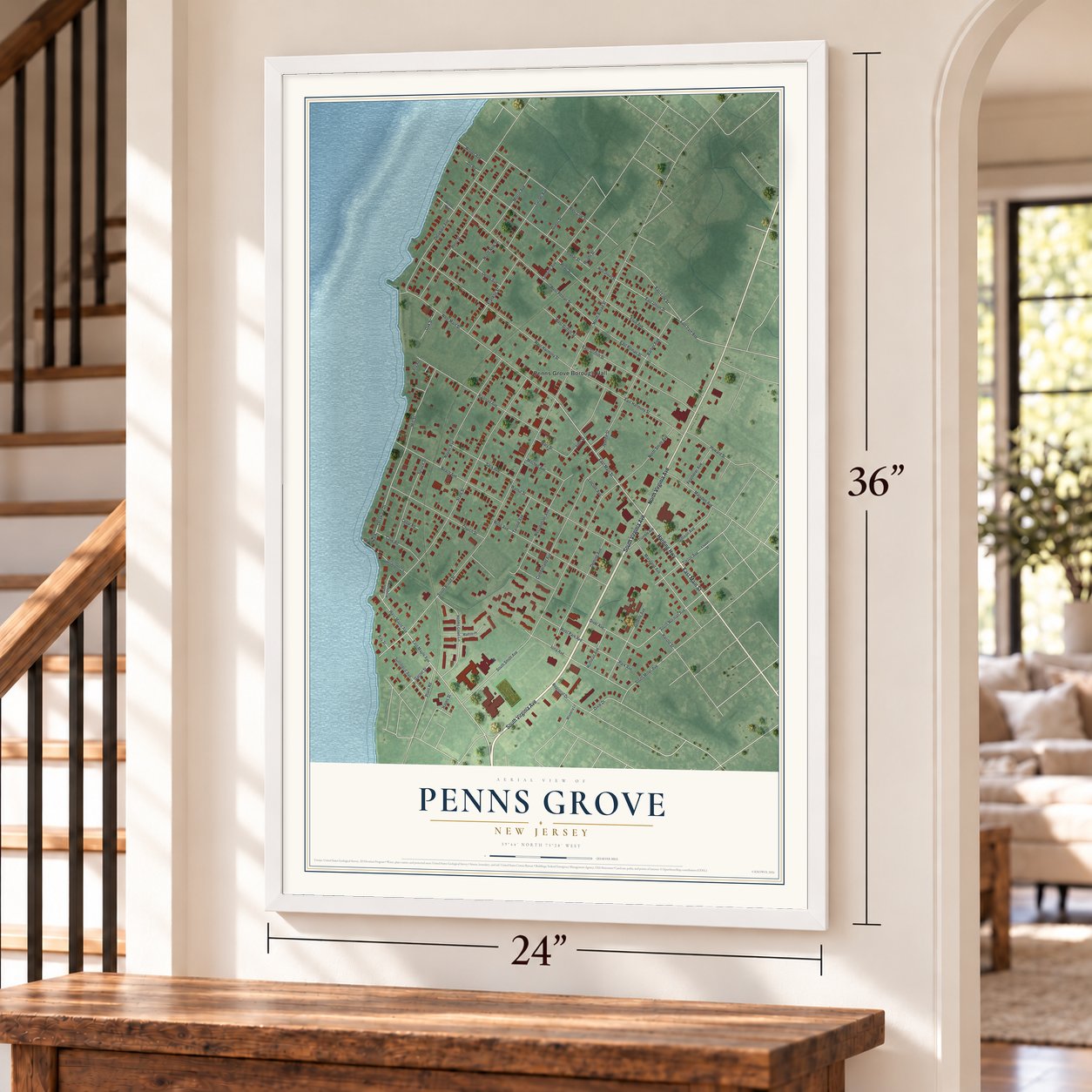 Penns Grove, New Jersey map, 24 x 36 inch print in a white frame by a staircase