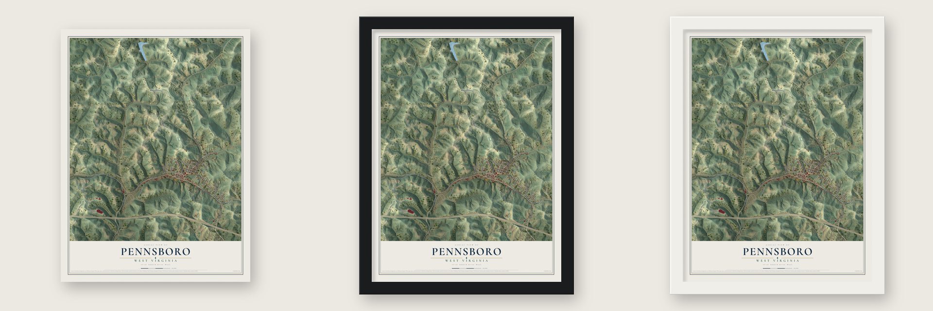 Pennsboro, West Virginia map unframed, in a black wood frame and in a white wood frame