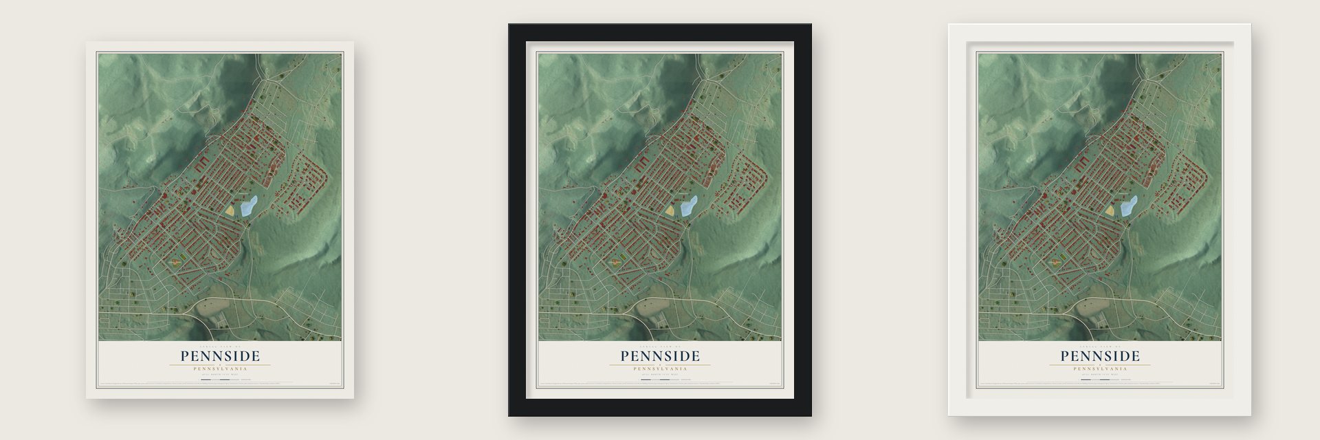 Pennside, Pennsylvania map unframed, in a black wood frame and in a white wood frame