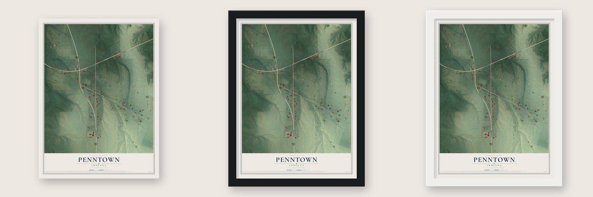 Penntown, Indiana map unframed, in a black wood frame and in a white wood frame