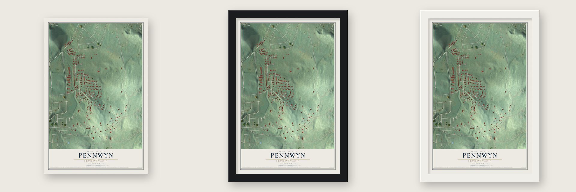 Pennwyn, Pennsylvania map unframed, in a black wood frame and in a white wood frame