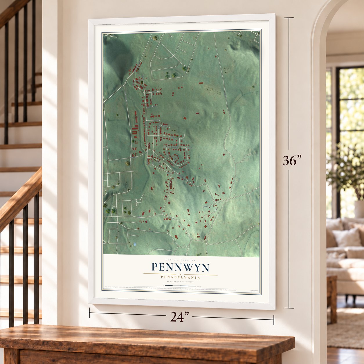 Pennwyn, Pennsylvania map, 24 x 36 inch print in a white frame by a staircase
