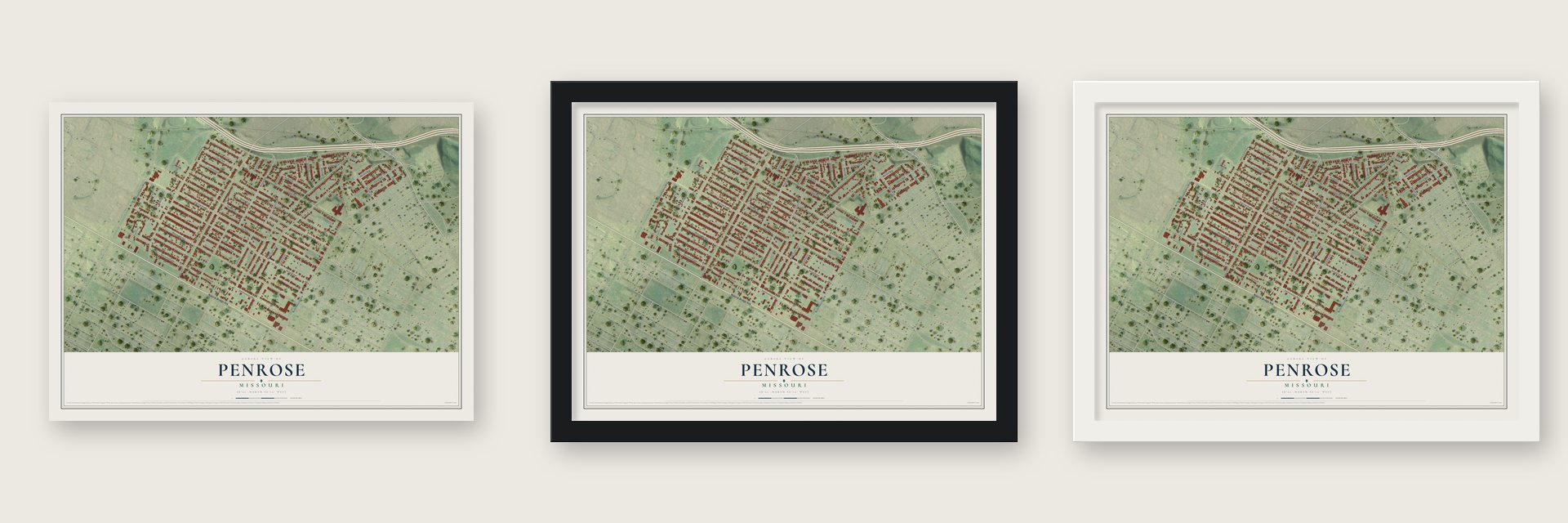 Penrose, Missouri map unframed, in a black wood frame and in a white wood frame