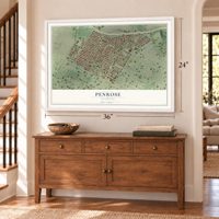 Penrose, Missouri map, 24 x 36 inch print in a white frame above a dresser by a staircase