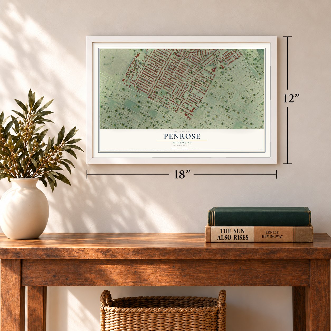 Penrose, Missouri map, 12 x 18 inch print in a white frame in an entryway