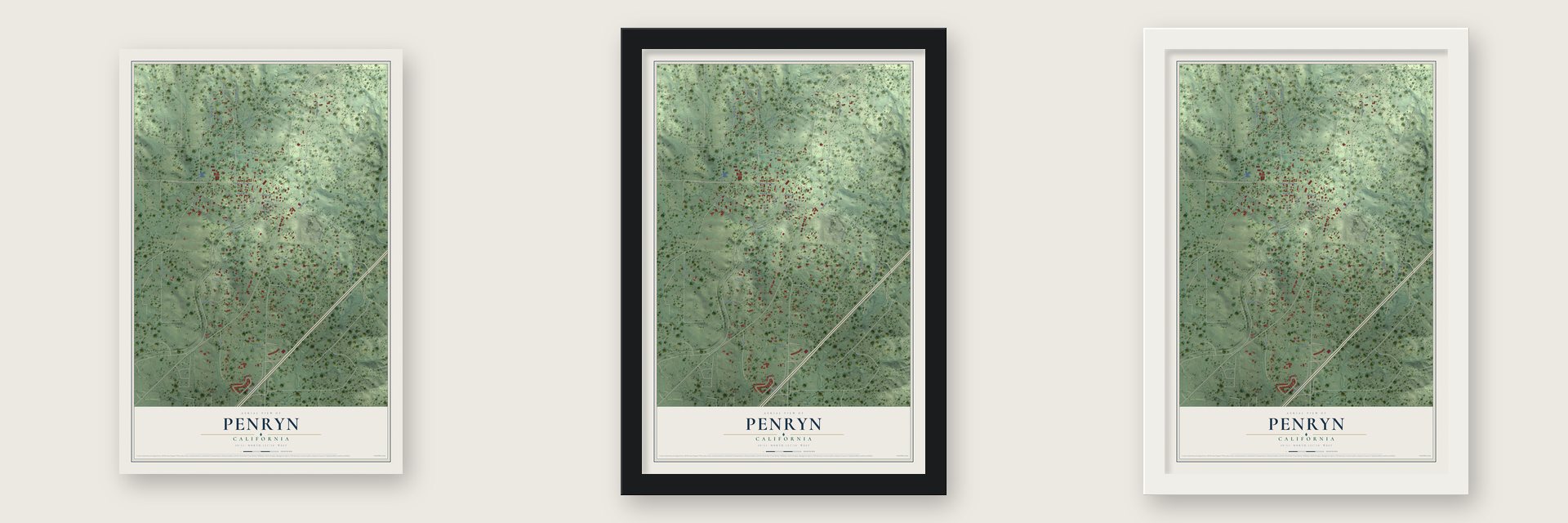 Penryn, California map unframed, in a black wood frame and in a white wood frame