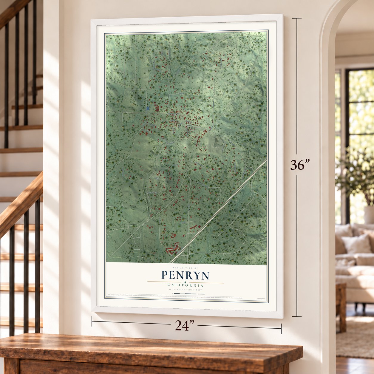 Penryn, California map, 24 x 36 inch print in a white frame by a staircase