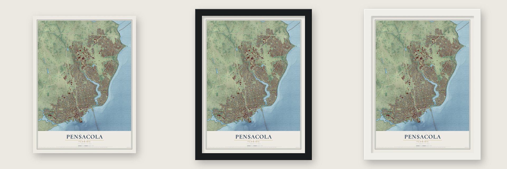Pensacola, Florida map unframed, in a black wood frame and in a white wood frame
