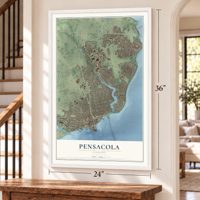 Pensacola, Florida map, 24 x 36 inch print in a white frame by a staircase
