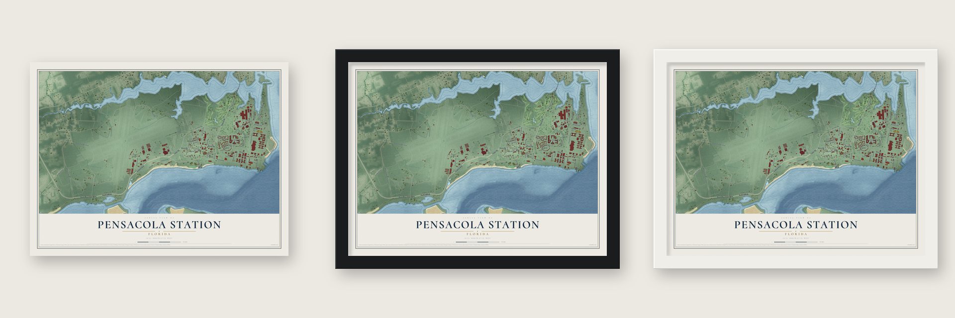 Pensacola Station, Florida map unframed, in a black wood frame and in a white wood frame