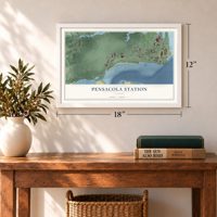 Pensacola Station, Florida map, 12 x 18 inch print in a white frame in an entryway