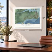 Pensacola Station, Florida map, 18 x 24 inch print in a white frame in a home office