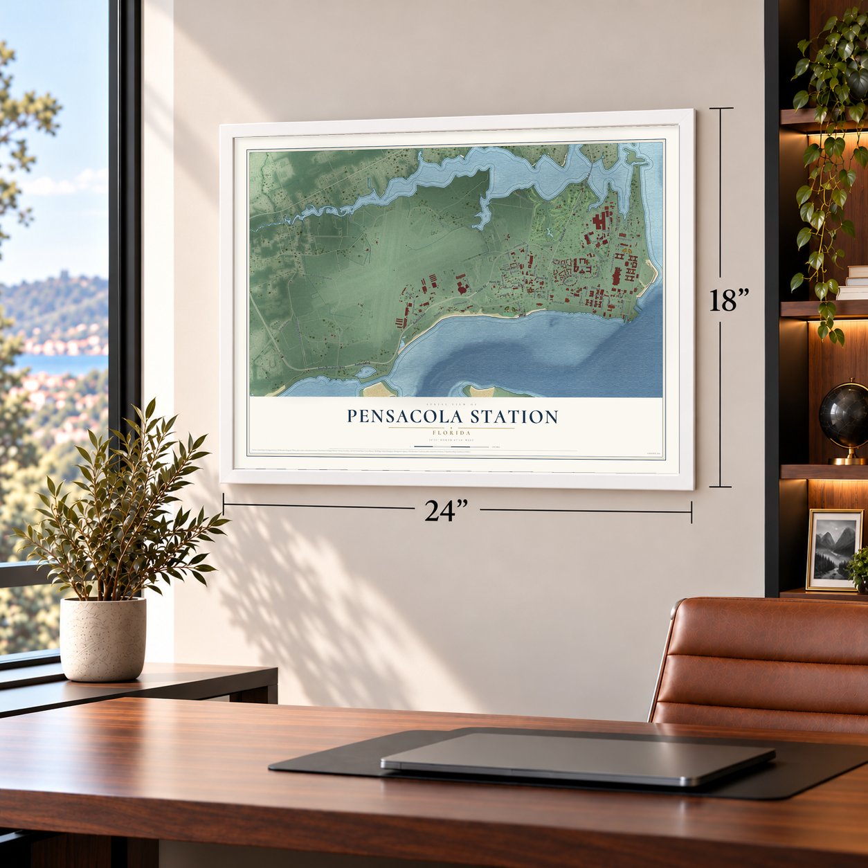 Pensacola Station, Florida map, 18 x 24 inch print in a white frame in a home office
