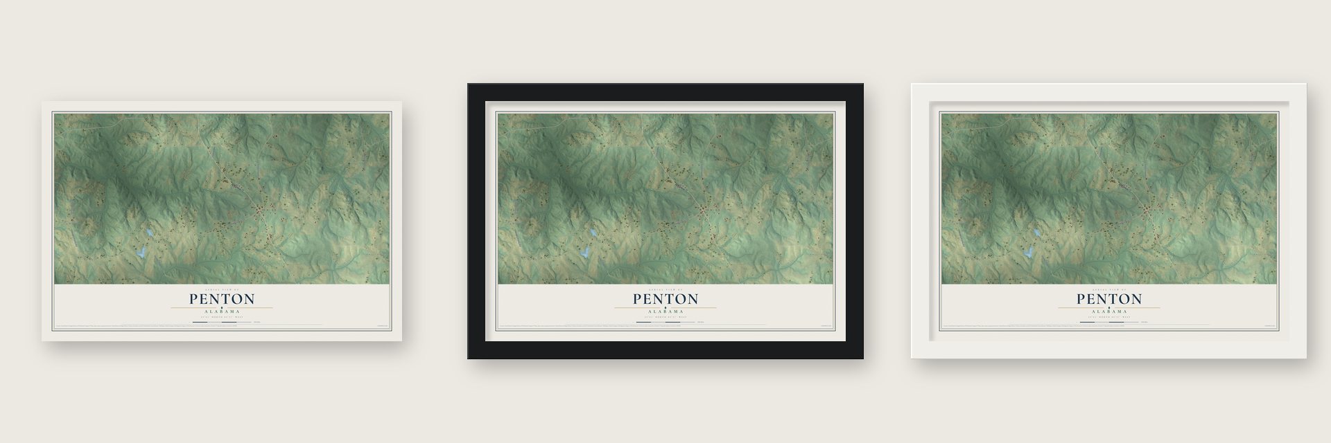 Penton, Alabama map unframed, in a black wood frame and in a white wood frame