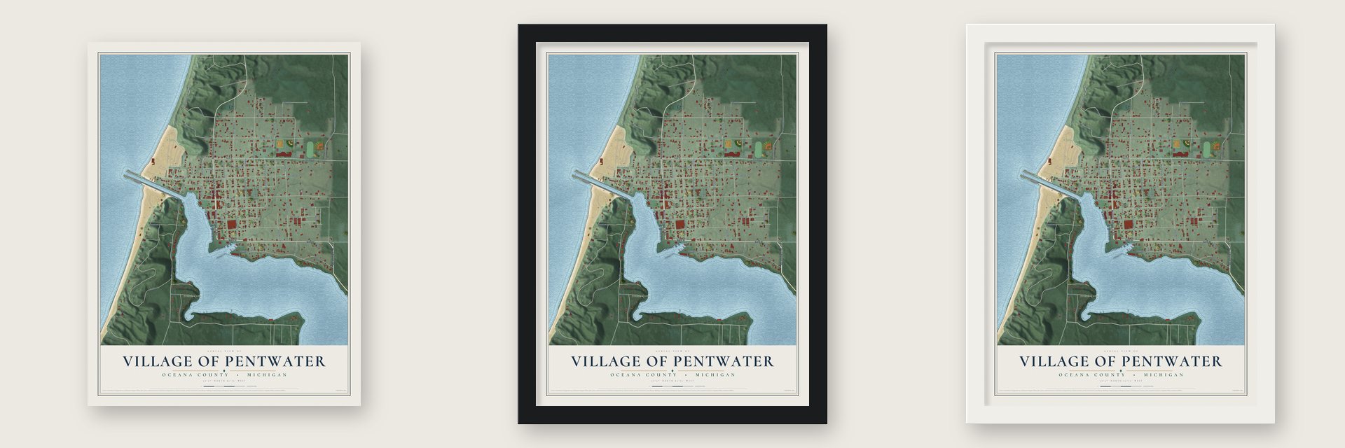 Pentwater, Michigan map unframed, in a black wood frame and in a white wood frame