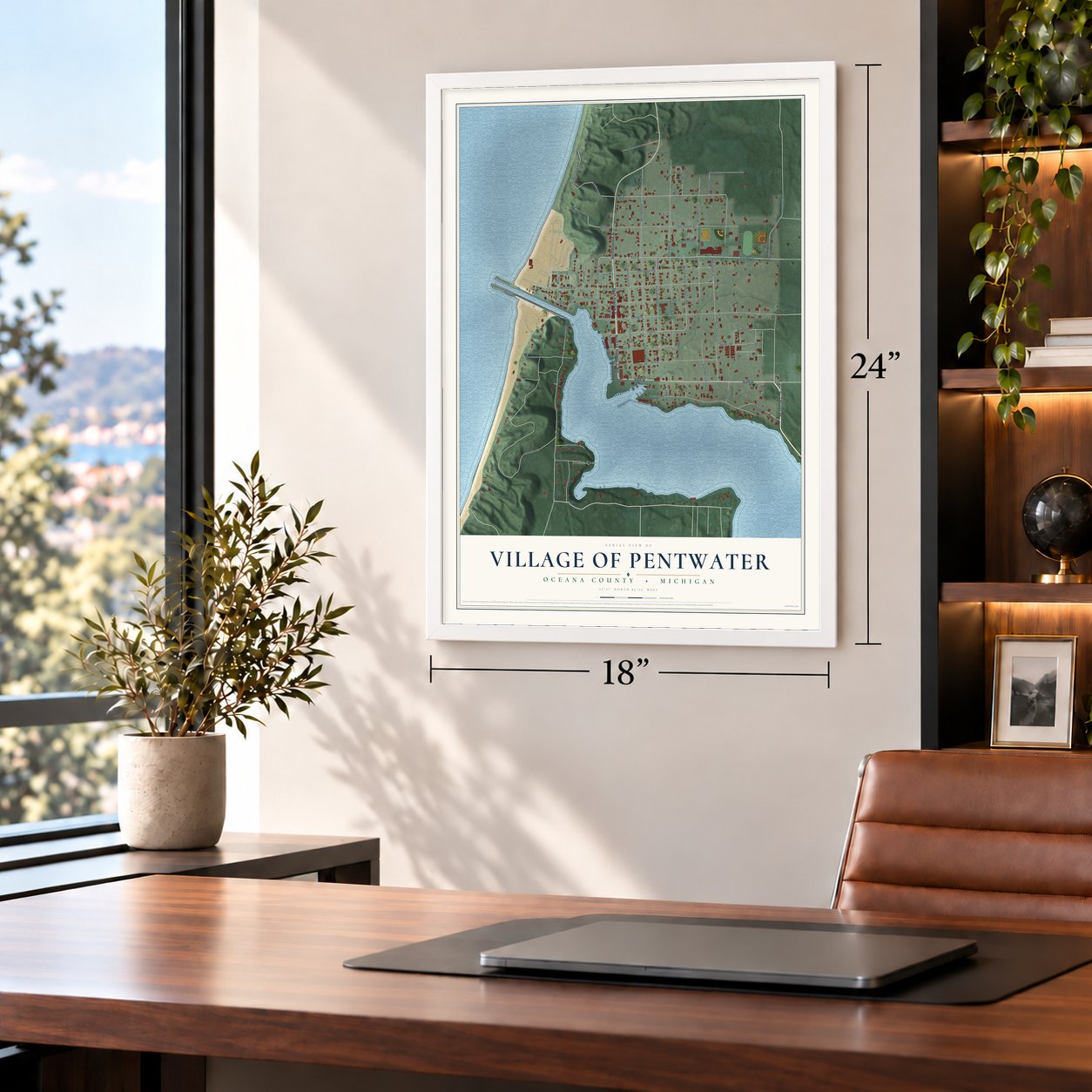 Pentwater, Michigan map, 18 x 24 inch print in a white frame in a home office
