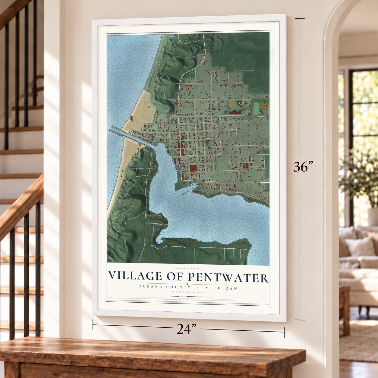 Pentwater, Michigan map, 24 x 36 inch print in a white frame by a staircase