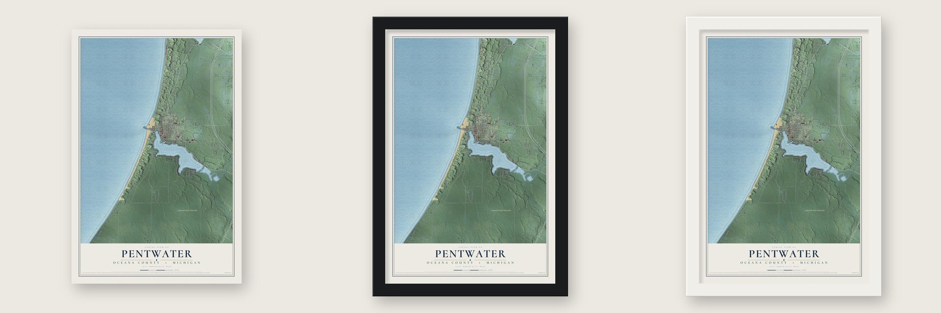 Pentwater, Oceana County, Michigan map unframed, in a black wood frame and in a white wood frame
