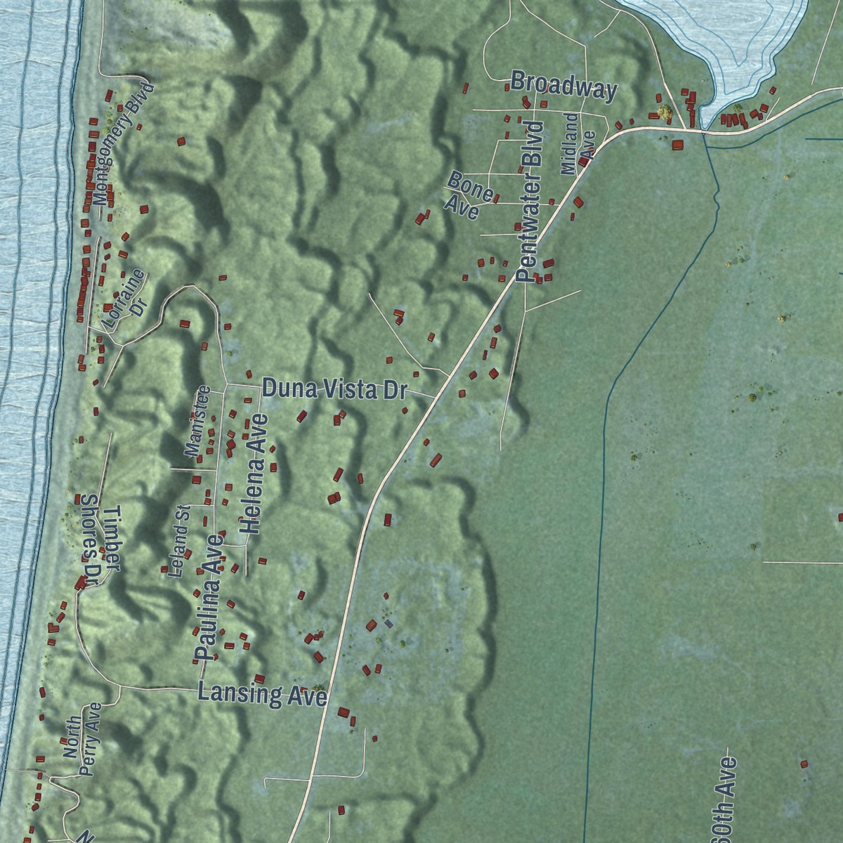 Second close-up of the map of Pentwater, Oceana County, Michigan print showing more streets and buildings