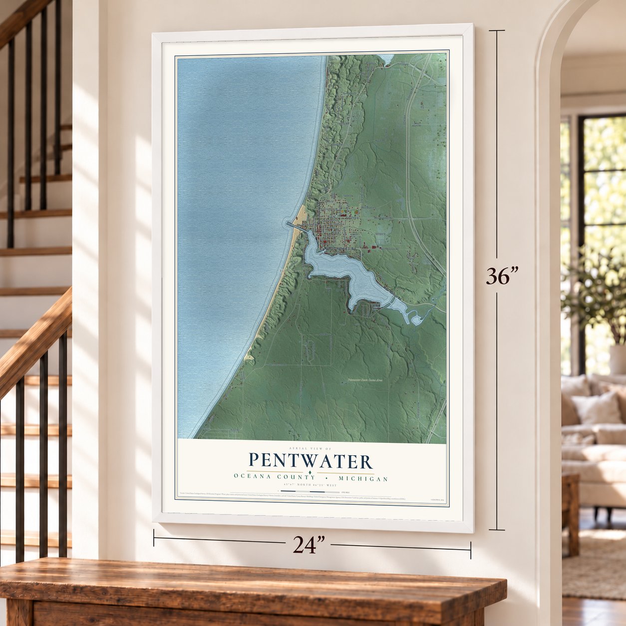 Pentwater, Oceana County, Michigan map, 24 x 36 inch print in a white frame by a staircase