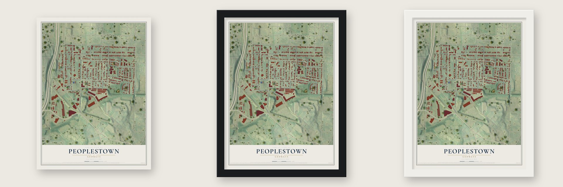 Peoplestown, Georgia map unframed, in a black wood frame and in a white wood frame