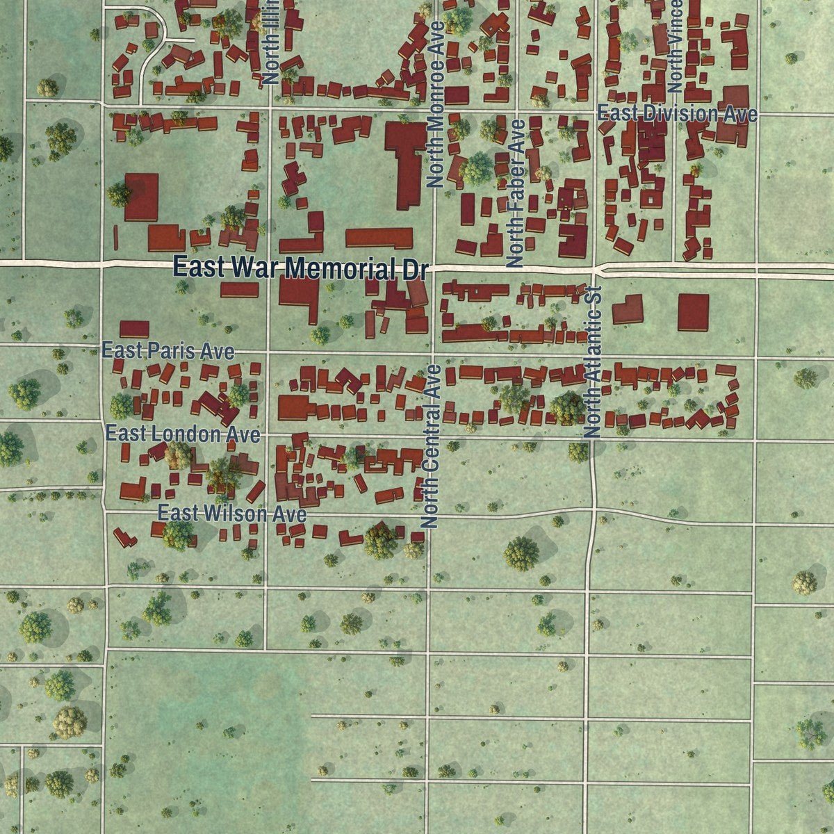 Second close-up of the map of Peoria Heights, Illinois print showing more streets and buildings