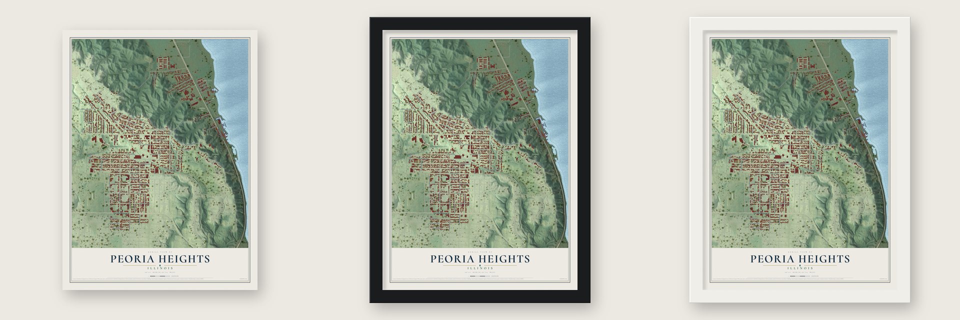 Peoria Heights, Illinois map unframed, in a black wood frame and in a white wood frame