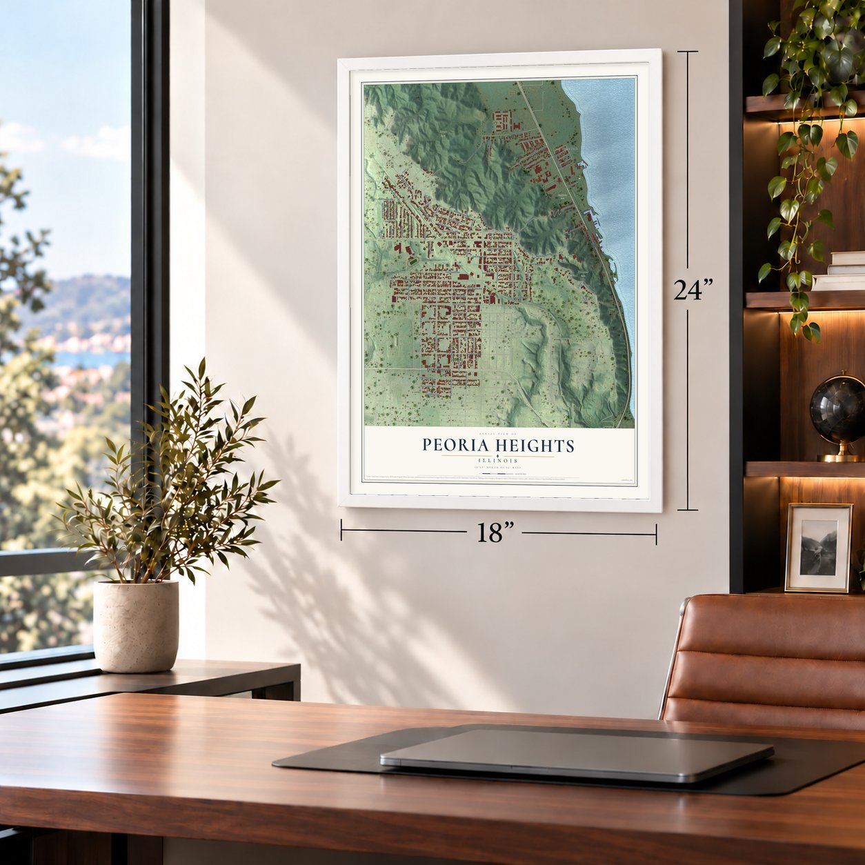 Peoria Heights, Illinois map, 18 x 24 inch print in a white frame in a home office
